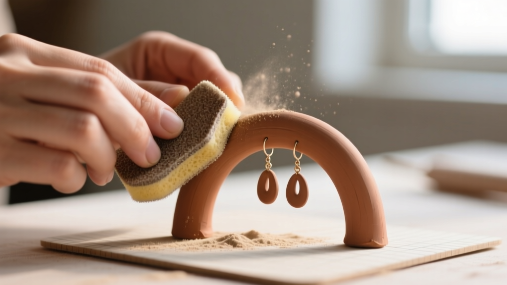 Close-up of hands using a fine-grit sanding sponge to smooth the edges of a terracotta air dry clay earring arch on a craft mat.