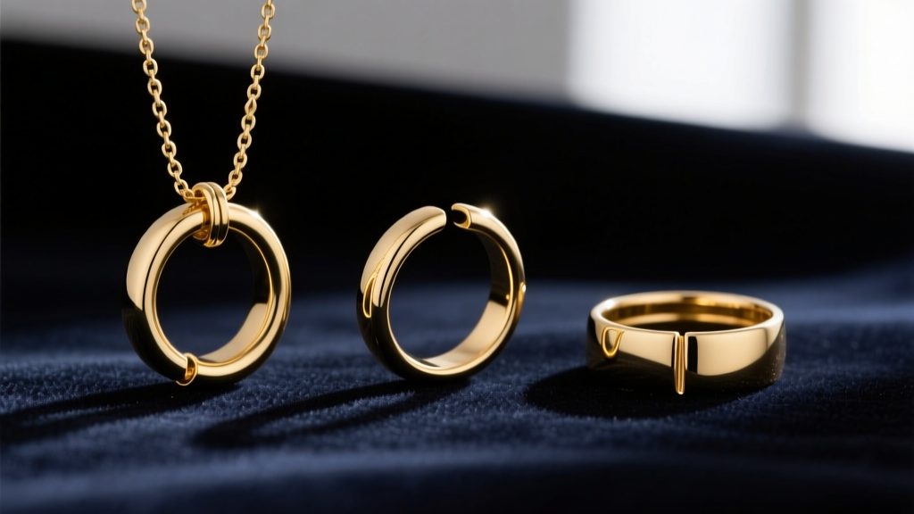 Three gold necklace jump rings on velvet: a split ring, an open ring, and a soldered ring with a clean, invisible weld line.