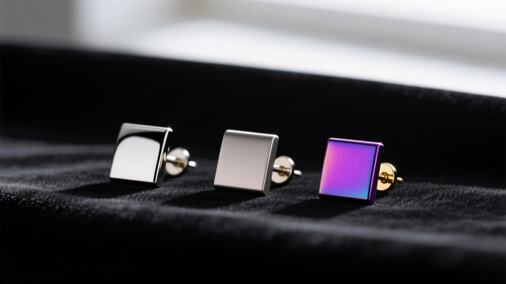 Three ASTM F136 titanium earring posts side-by-side, comparing mirror, matte, and anodized purple finishes on dark velvet fabric.
