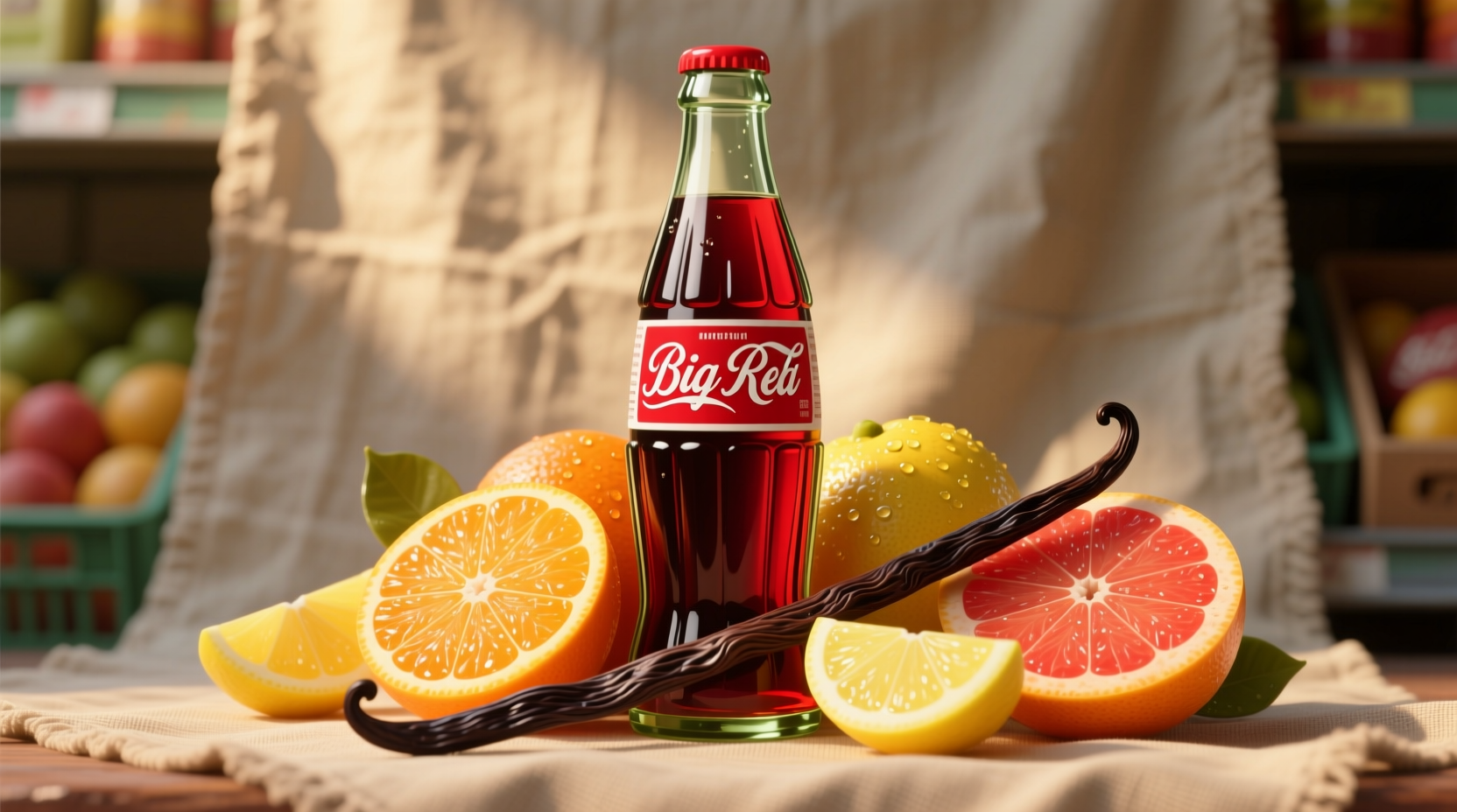 Big Red soda bottle next to citrus fruits and vanilla bean