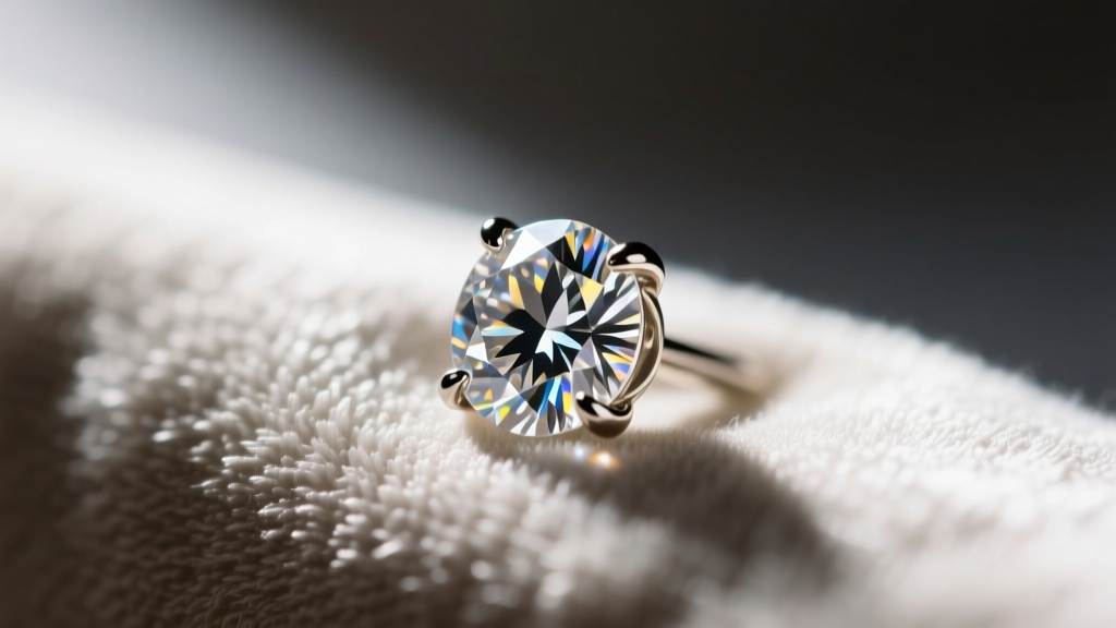 Macro shot of a micro-pave diamond stud on an anti-tarnish cloth, highlighting intricate prong settings and bright gemstone sparkle.