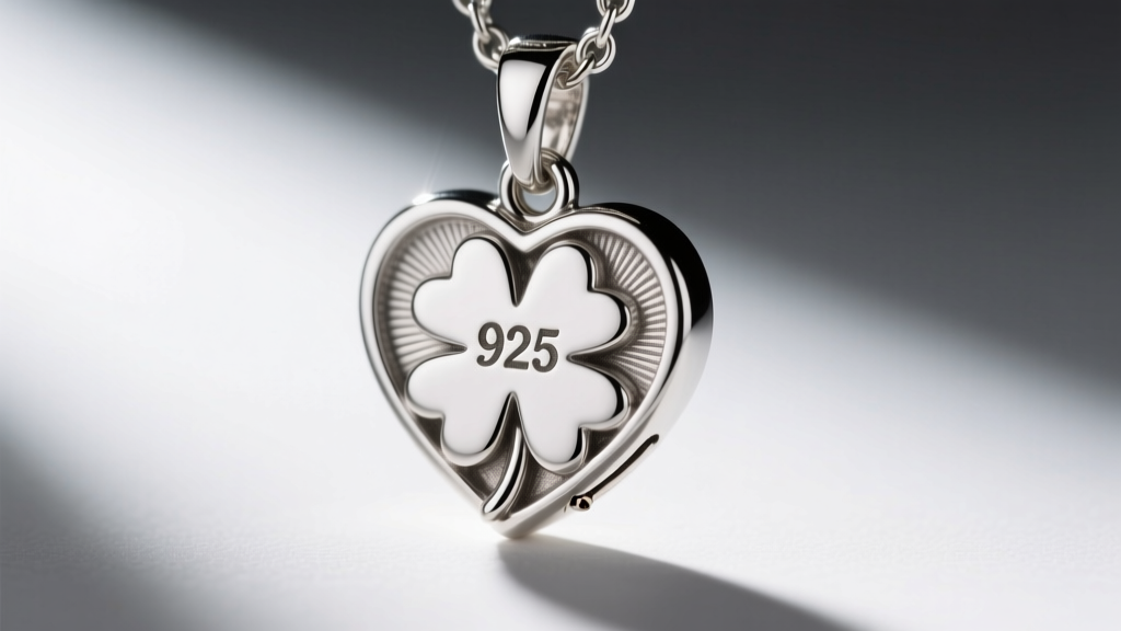 Macro shot of a 925 sterling silver heart clover necklace lobster clasp, showing hallmark stamp and soldered jump ring.
