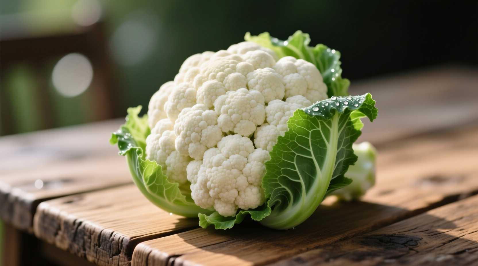 Fresh cauliflower head with green leaves on wooden table