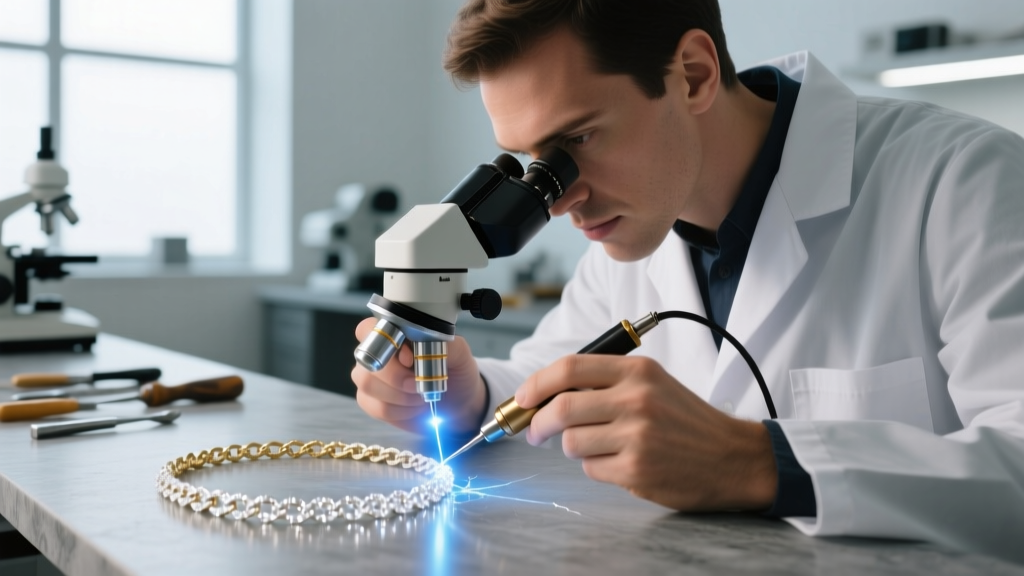 Jeweler looking through a microscope while using a laser welder to fuse a microscopic break on a delicate white gold chain link