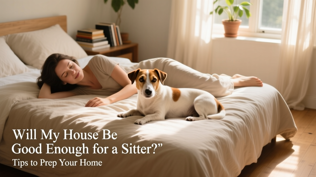 Woman lying comfortably on a bed alongside a gentle, older Jack Russell Terrier