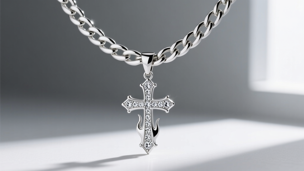 Thick white gold Cuban chain threading through a hidden bail on a diamond-accented silver cross and flame pendant necklace