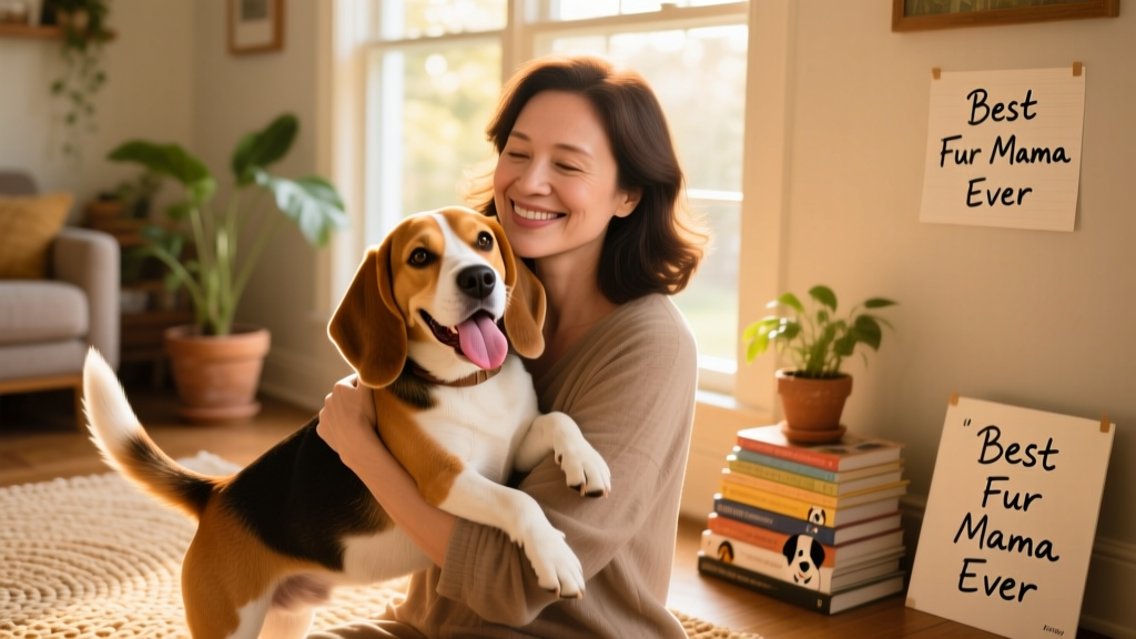 Fur mama embracing a cheerful Beagle