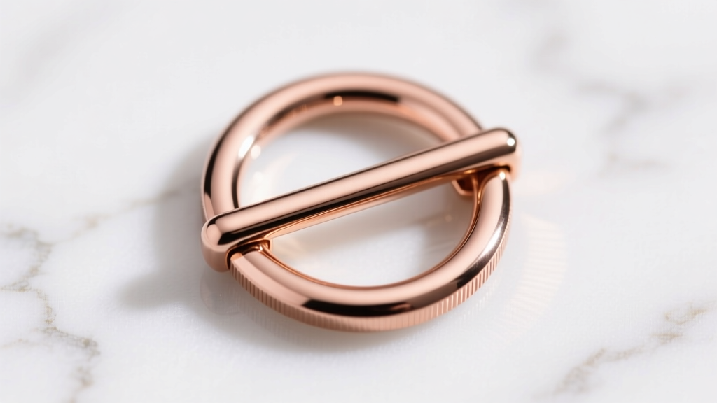 Macro shot of a rose gold coin toggle clasp, T-bar passing through a 14mm coin ring on white marble, bright studio lighting