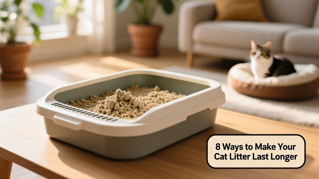 Close-up of a clean, well-maintained clumping litter box with visible dry litter and neatly scooped clumps