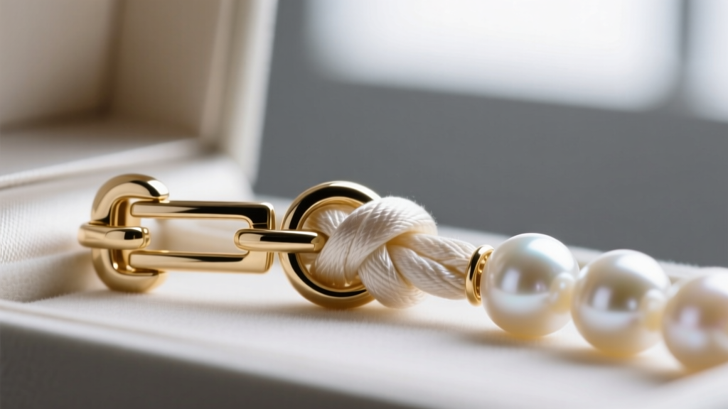 Close-up diagram showing the internal tension prongs of an 18k white gold box clasp securing a knotted silk pearl strand end