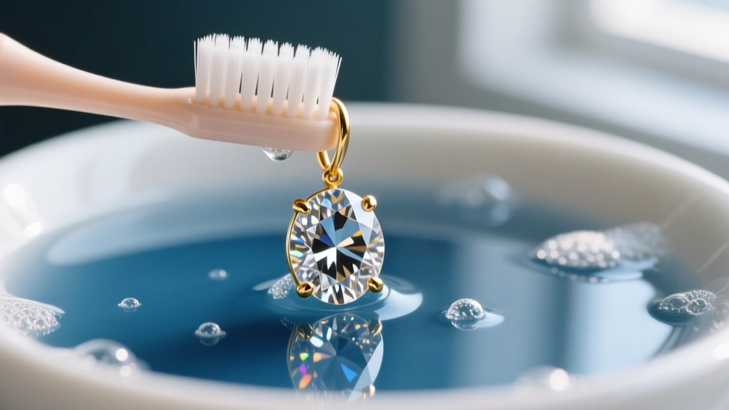 Close-up of a soft-bristled baby toothbrush gently scrubbing the pavilion of a large diamond drop earring submerged in soapy water