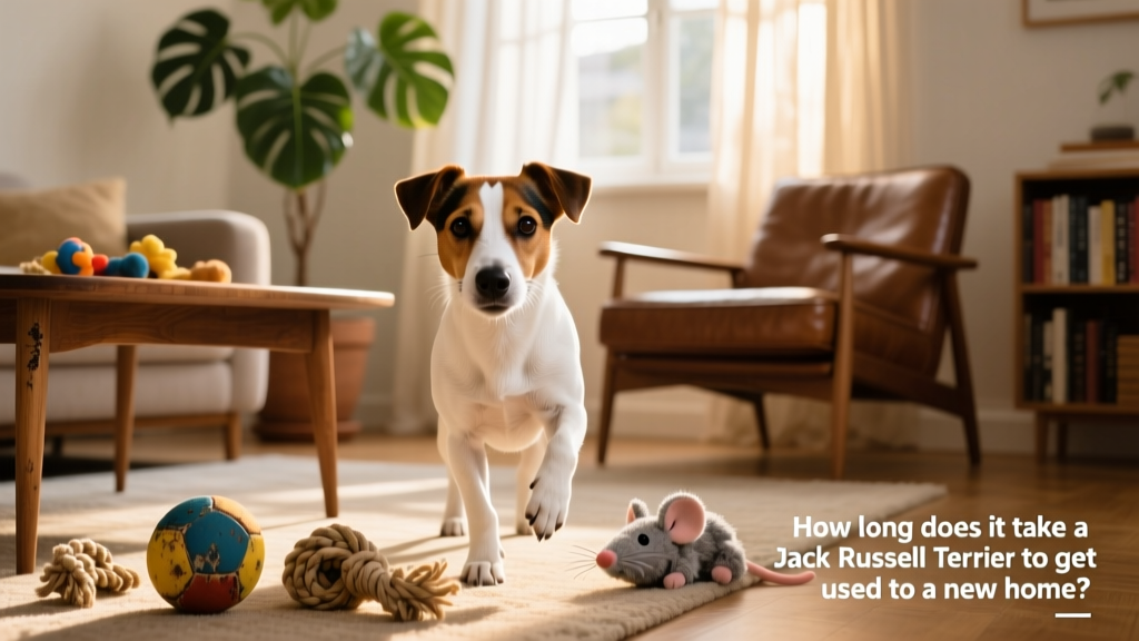 Jack Russell Terrier exploring a sunlit living room with toys scattered nearby