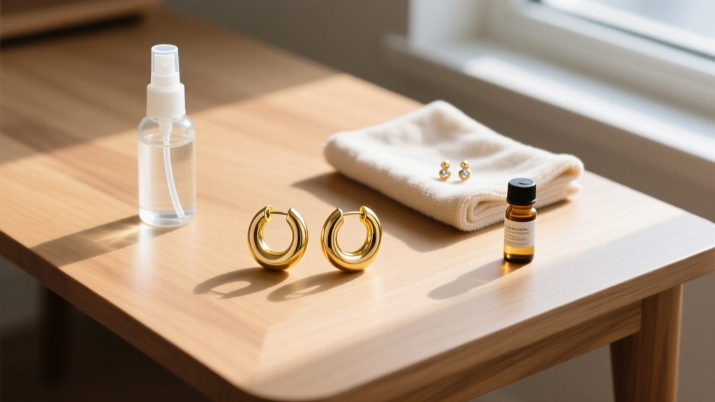 Overhead view of earring care solution, saline spray, and cloth around 14k gold huggie earrings on a smooth light oak wooden desk.