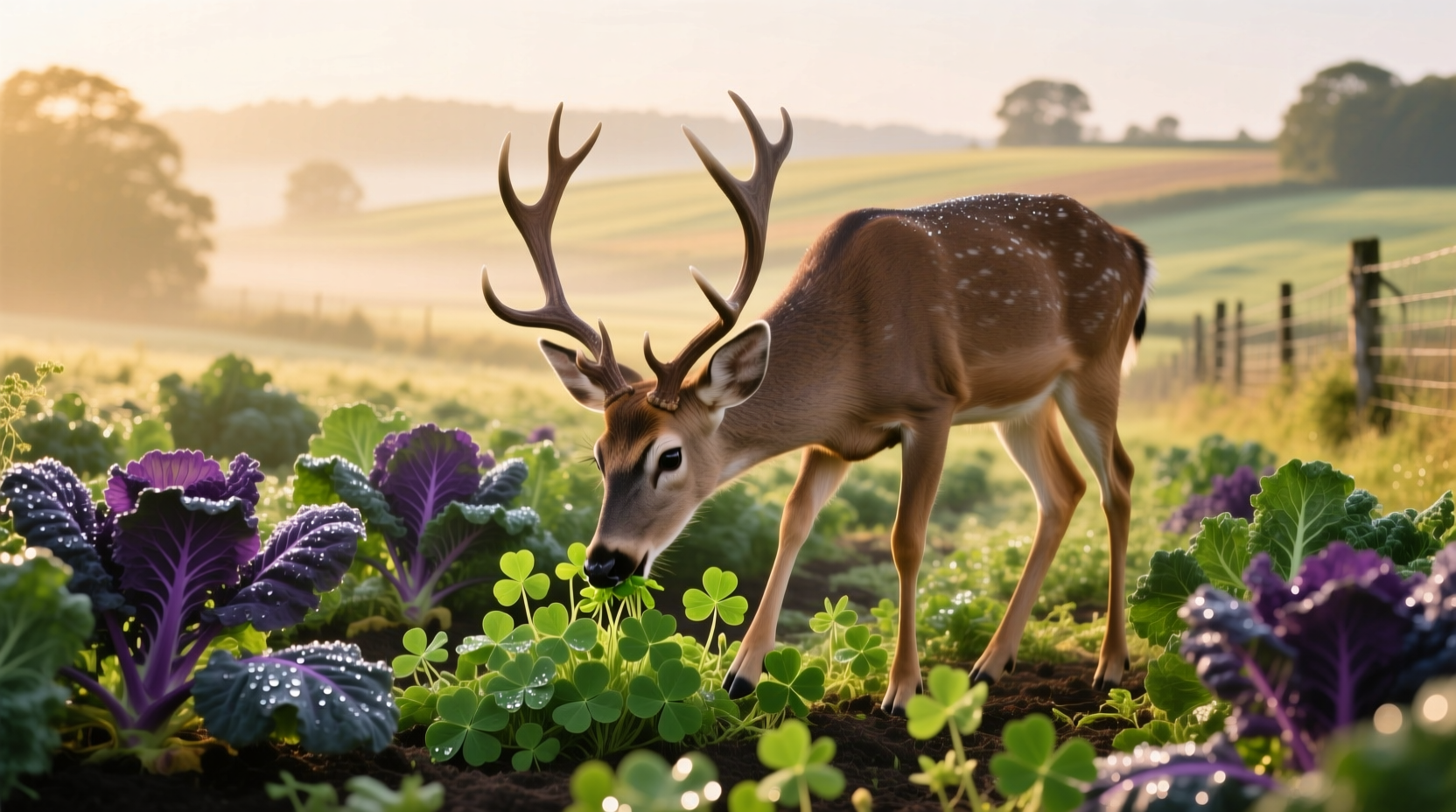 Deer grazing in a thriving food plot with brassicas and clover