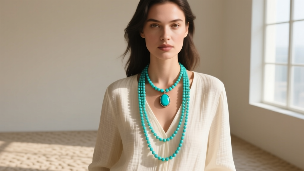 Woman wearing a layered 24-inch ghost bead necklace with a turquoise pendant over a cream linen v-neck blouse in sunlight.