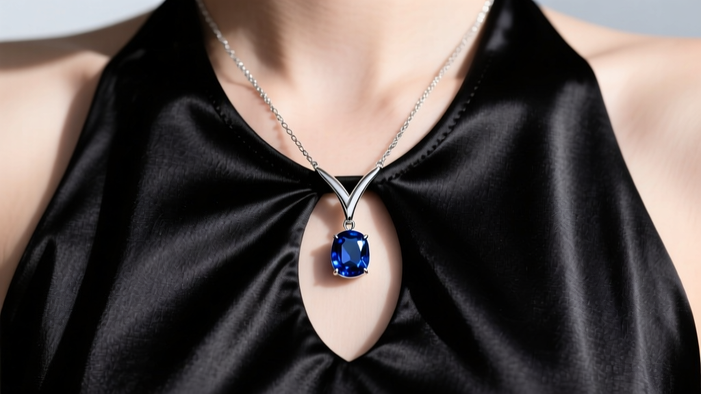 Close-up of a platinum Y-necklace with a sapphire pendant falling perfectly inside the keyhole cutout of a black satin halter top.