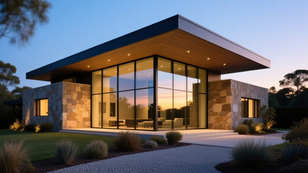 Modern luxury custom home exterior featuring floor-to-ceiling glass windows, natural stone cladding, and a cantilevered roof at dusk