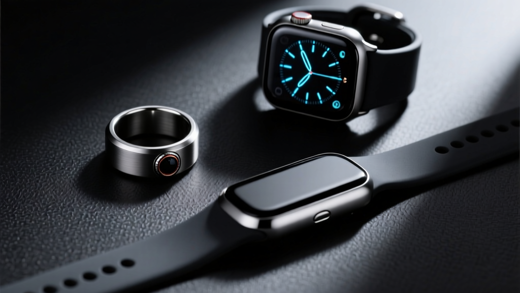 Minimalist everyday carry layout featuring a stealth smart ring, tactical GPS watch, and haptic navigation band on a dark mat.