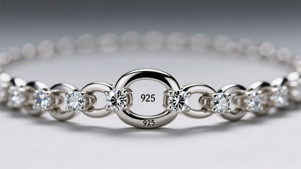 Macro shot of a sterling silver zirconia necklace clasp and chain links, showing the 925 hallmark stamp clearly in bright focus
