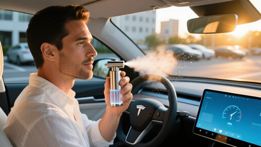 A man applying a portable nano-mist hydration sprayer to his face while sitting in a parked car with the dashboard glowing softly.