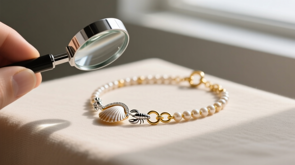 Jeweler examining a 925 sterling silver lobster clasp and 14k gold-filled jump rings on a premium mini shell necklace with a loupe.