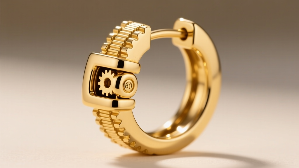 Close-up of a saddleback clasp on a 60mm gold hoop earring, showing the interlocking hinge and secure clicker pin mechanism detail
