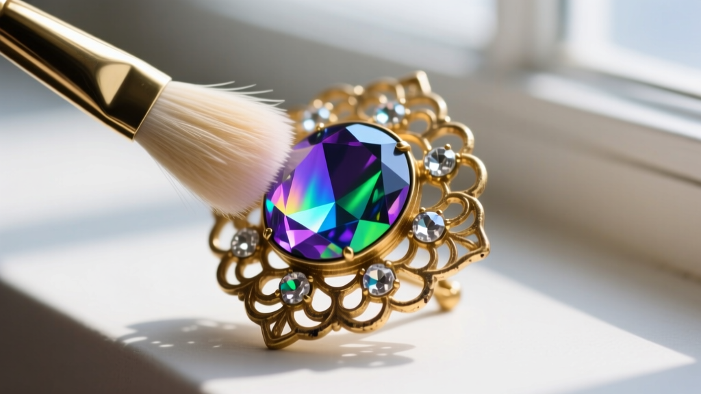 Macro photography of a soft brush gently dusting a foil-backed aurora borealis rhinestone set in a vintage gold-tone metal brooch