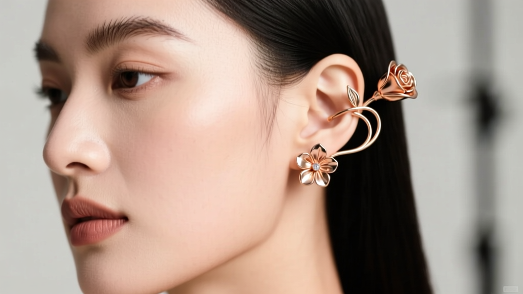 Profile of a model wearing a rose gold floral ear climber on the helix cartilage, highlighting curved wire and bud details.