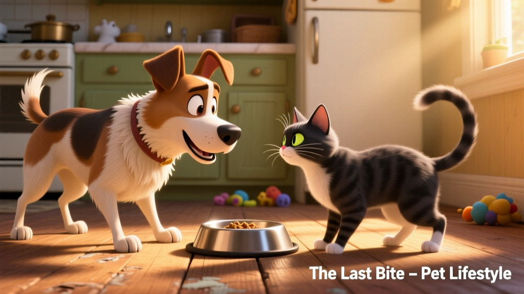 Dog and cat facing off beside an empty food bowl, ears perked and bodies tense