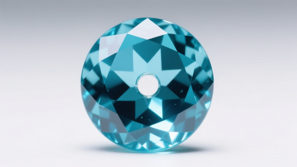 Macro shot of an aquamarine rondelle bead showing the precise faceted wheel cut, hole drilling quality, and translucent blue hue.