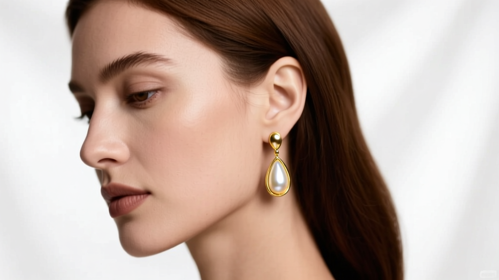 Woman wearing 18k yellow gold dangle stud earrings with teardrop pearls, soft studio lighting highlighting the earlobe