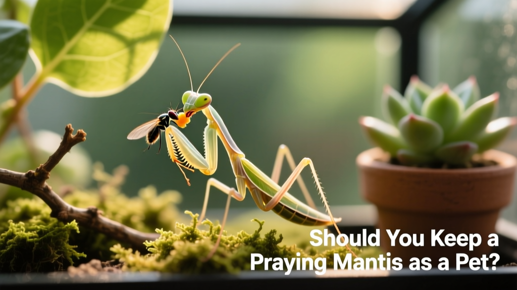 A young mantis nymph feeding on a fruit fly inside a well-planted, appropriately sized enclosure