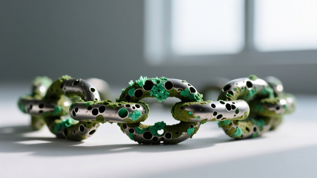 Extreme macro photography of a porous low-quality metal necklace chain showing microscopic corrosion and green oxidation buildup.