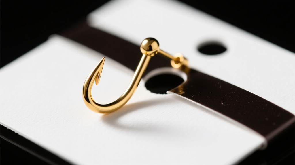 Macro shot of a 20-gauge gold fishhook earring secured through a punched hole in white cardstock beside a dark anti-tarnish strip.