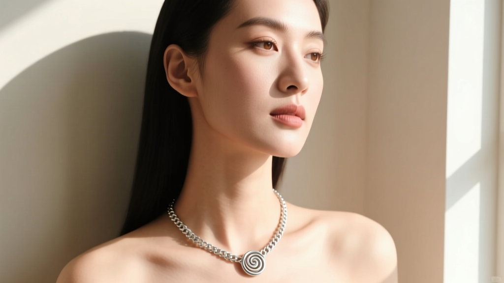 Woman wearing a silver spiral necklace with a 1mm box chain, photographed in natural sunlight against a neutral beige background.