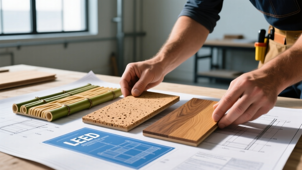 Close-up of a builder comparing samples of stranded bamboo, natural cork, and reclaimed oak flooring over a set of LEED material blueprints