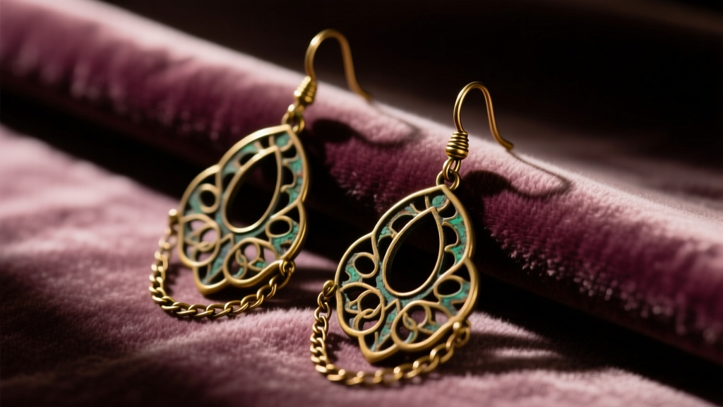 Close-up of 1920s vintage brass dangle earrings with dark oxidized patina on faded velvet under soft, moody directional lighting.