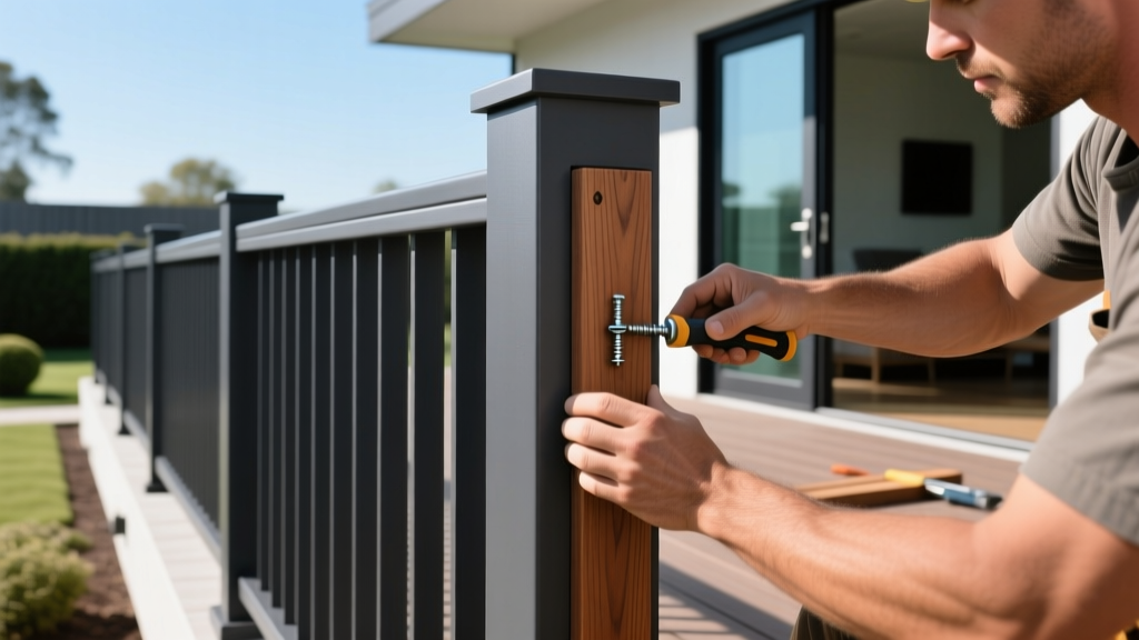 Contractor installing a composite deck railing post with structural screws and solid wood blocking on a modern outdoor patio
