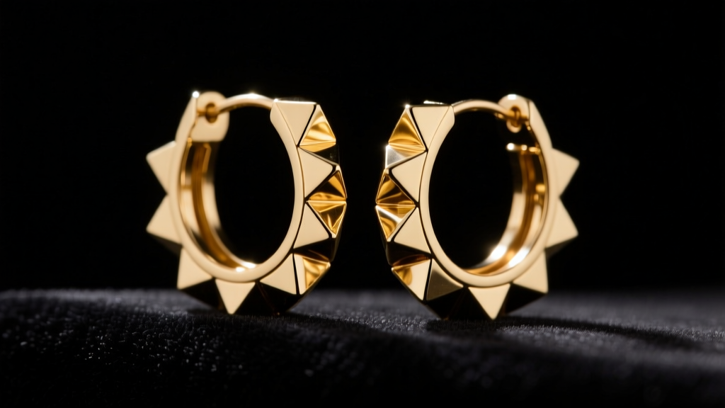 Macro shot of gold-tone Valentino Rockstud hoop earrings on black velvet, highlighting pyramid studs and galvanized brass finish.