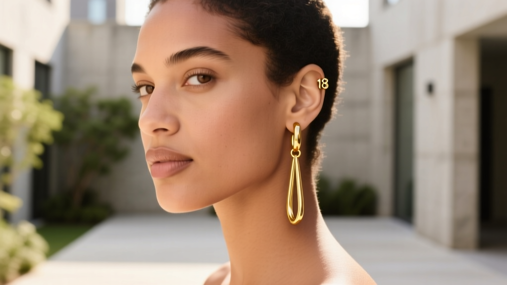 Model wearing an 18-gauge gold vermeil J hoop, showing how the elongated drop flatters a round face shape in natural sunlight.