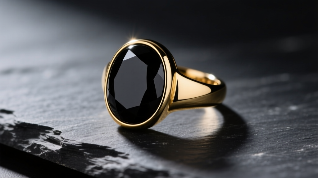 Black onyx cabochon in a gold bezel ring on dark slate, featuring dramatic side lighting and sharp, glossy surface reflections.
