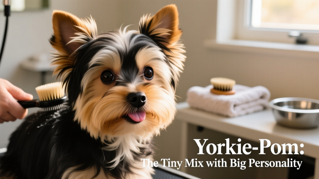 A close-up of a Yorkie-Pom’s expressive face and soft, fluffy coat during grooming session