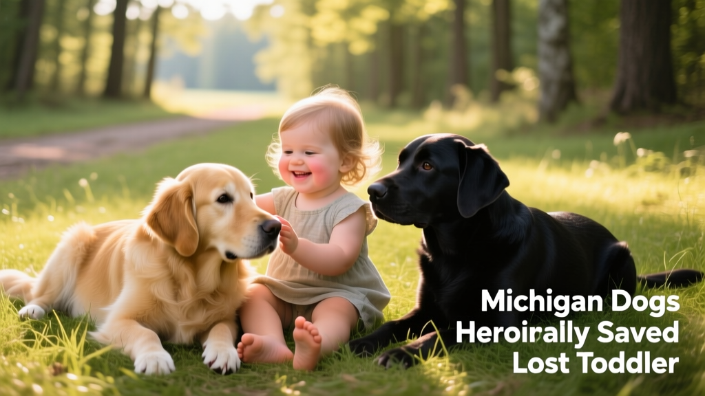 A toddler smiling while sitting on grass, gently petting two dogs seated beside her—one resting its head on her lap