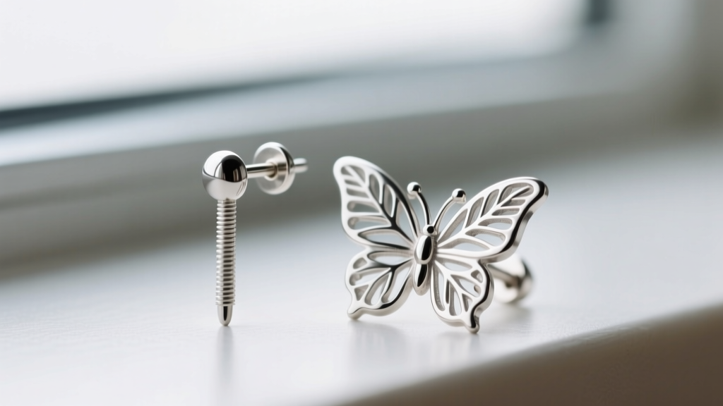 Close-up of a 20-gauge surgical steel earring post and butterfly clutch beside a sterling silver stamped botanical earring front.