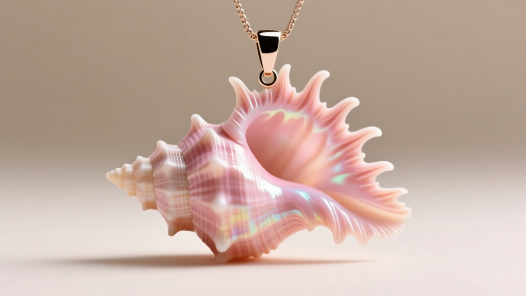 Macro close-up of a genuine pink conch shell pendant showing natural flame-like structural patterns and subtle iridescent luster