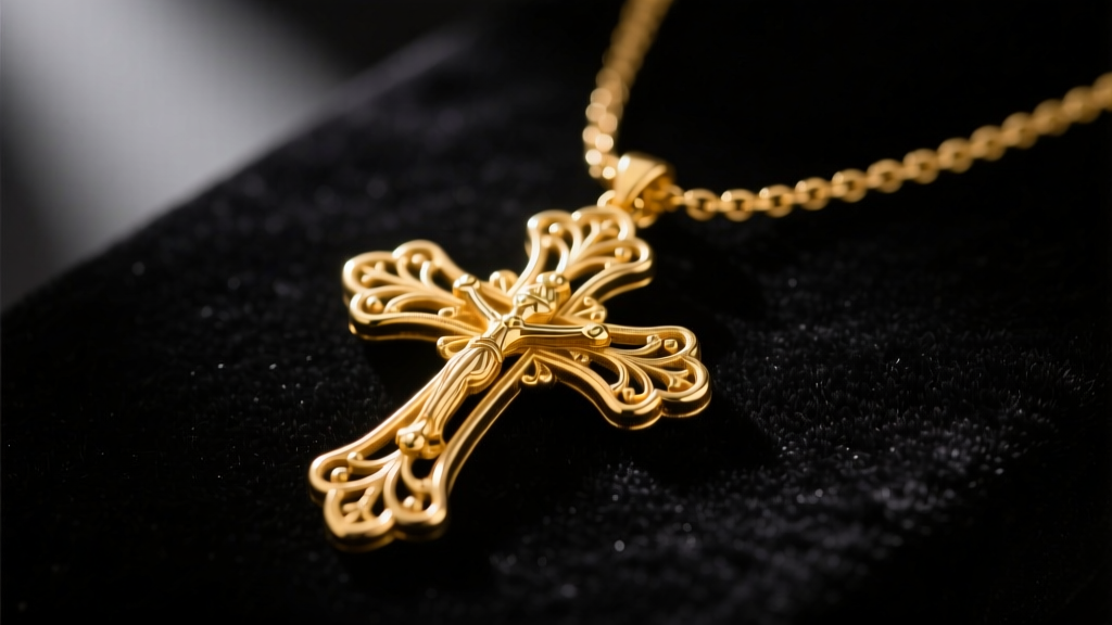 18k yellow gold vintage cross necklace with filigree on dark velvet, highlighting rich patina under soft directional lighting.
