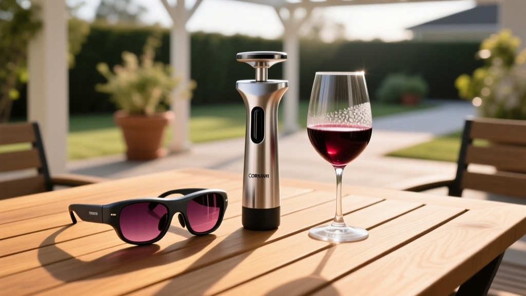Xreal Air 2 Ultra smart glasses resting next to a Coravin wine aerator and a glass of Pinot Noir on a sunlit wooden patio table