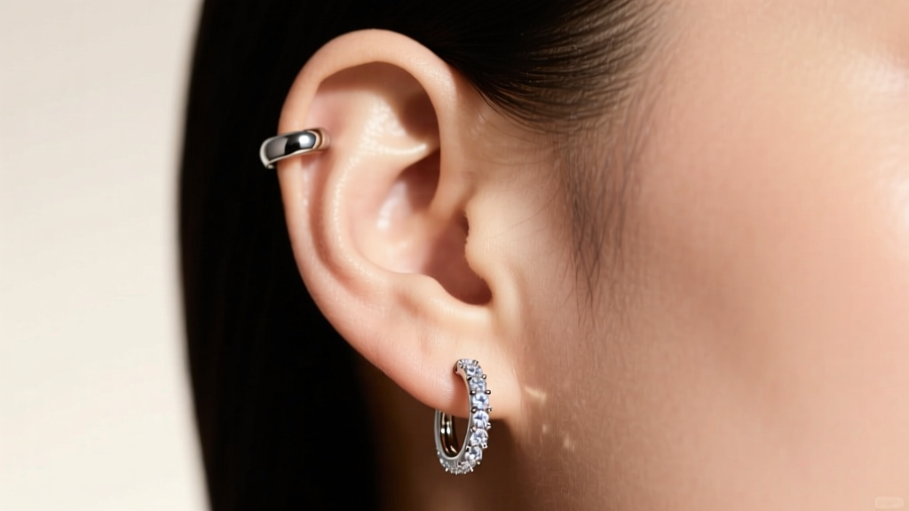 Side profile showing a 10mm diamond huggie earring on the earlobe and an 8mm plain titanium huggie on the upper helix cartilage