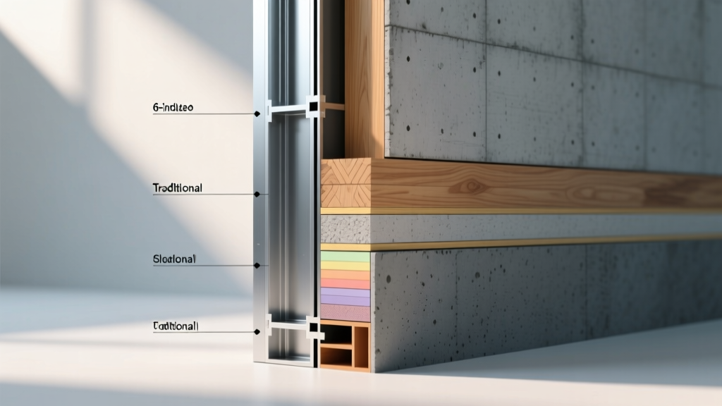 Cross-section architectural rendering comparing 6-inch galvanized steel stud framing dimensions against wood and concrete wall assemblies