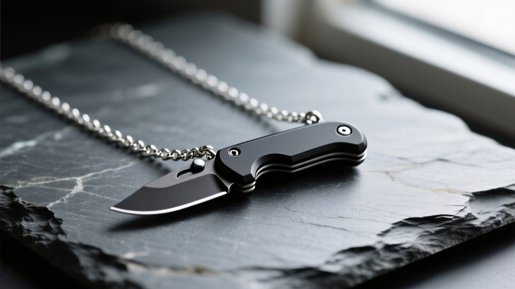 Macro shot of a matte black titanium mini knife necklace on slate, moody light highlighting the tiny blade edge and fine chain.